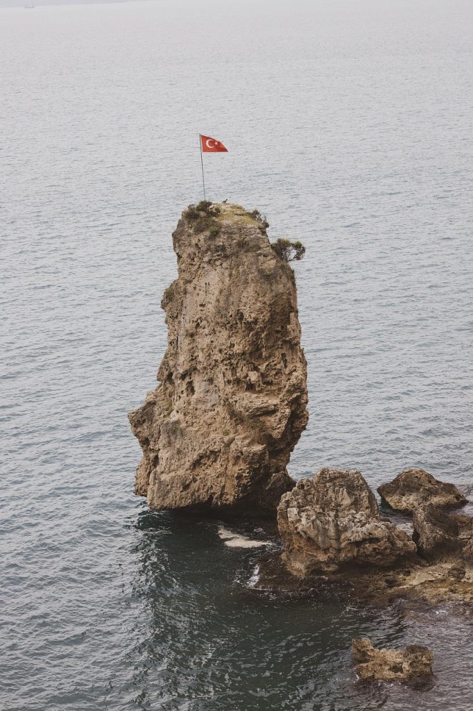 kennedy, cliff, sea, top, flag, turkey, turkish, national, country, independence, mediterrenian, nature